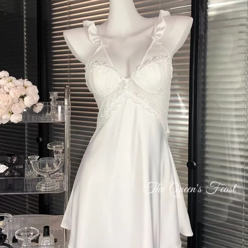 Waves Pure Desire Wind Lace High-end Suspender Nightdress Women Show Chest Shape Ice Silk Thin Sexy Boyfriend Nightdress Pajamas