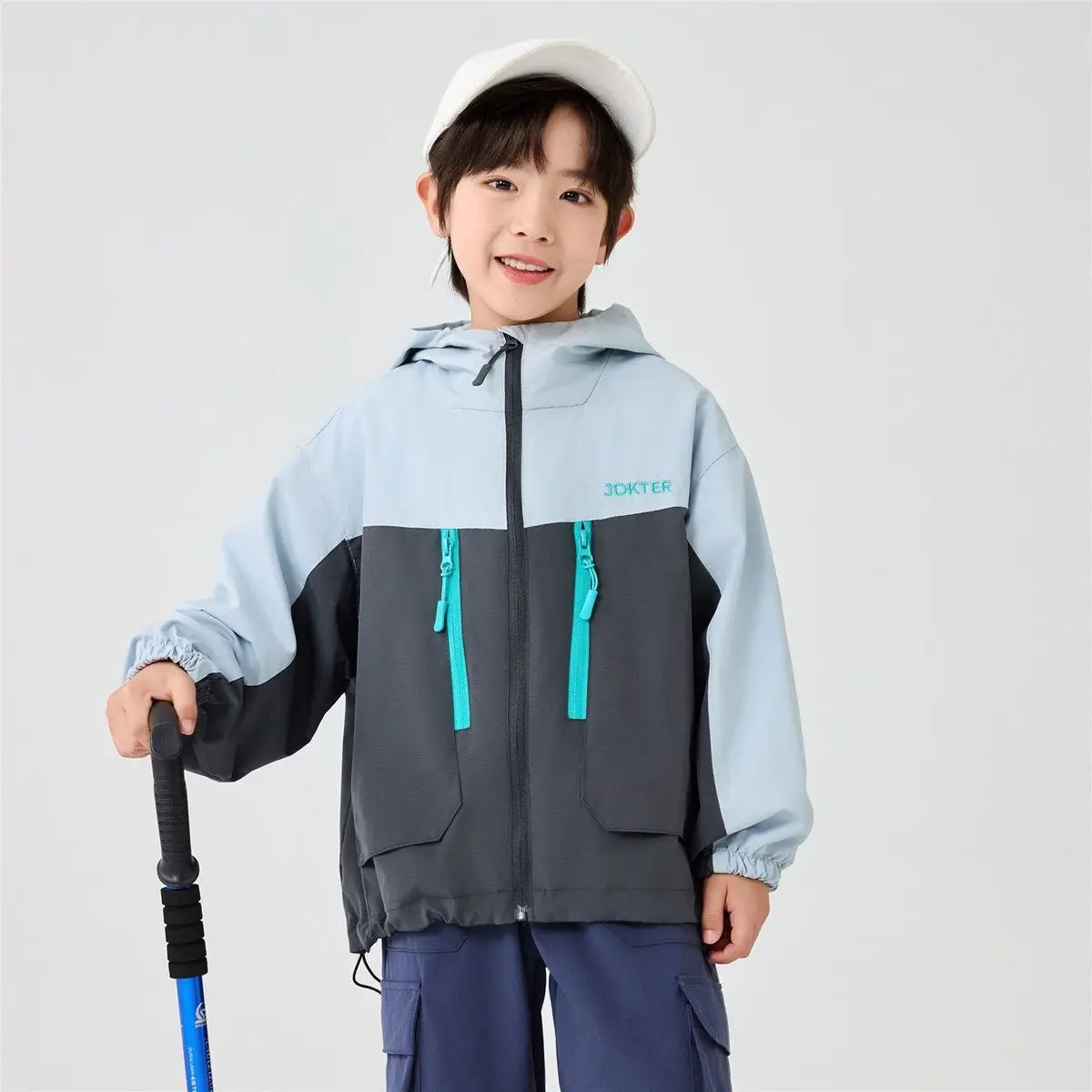 Children Hooded Jacket Spring Autumn Teen Boys Color Block Letter Embroidered Casual Zipper Outdoor Waterproof Windbreaker Coat