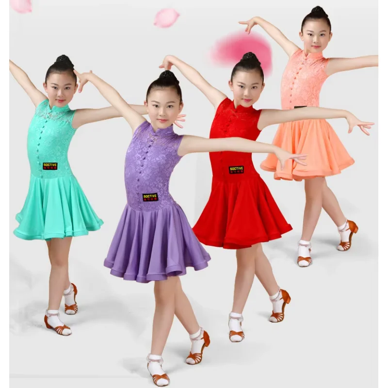 

Кружевное платье для латинских танцев для девочек, детская одежда для бальных танцев сальсы, детская праздничная сценическая одежда, костюмы с длинными/короткими рукавами