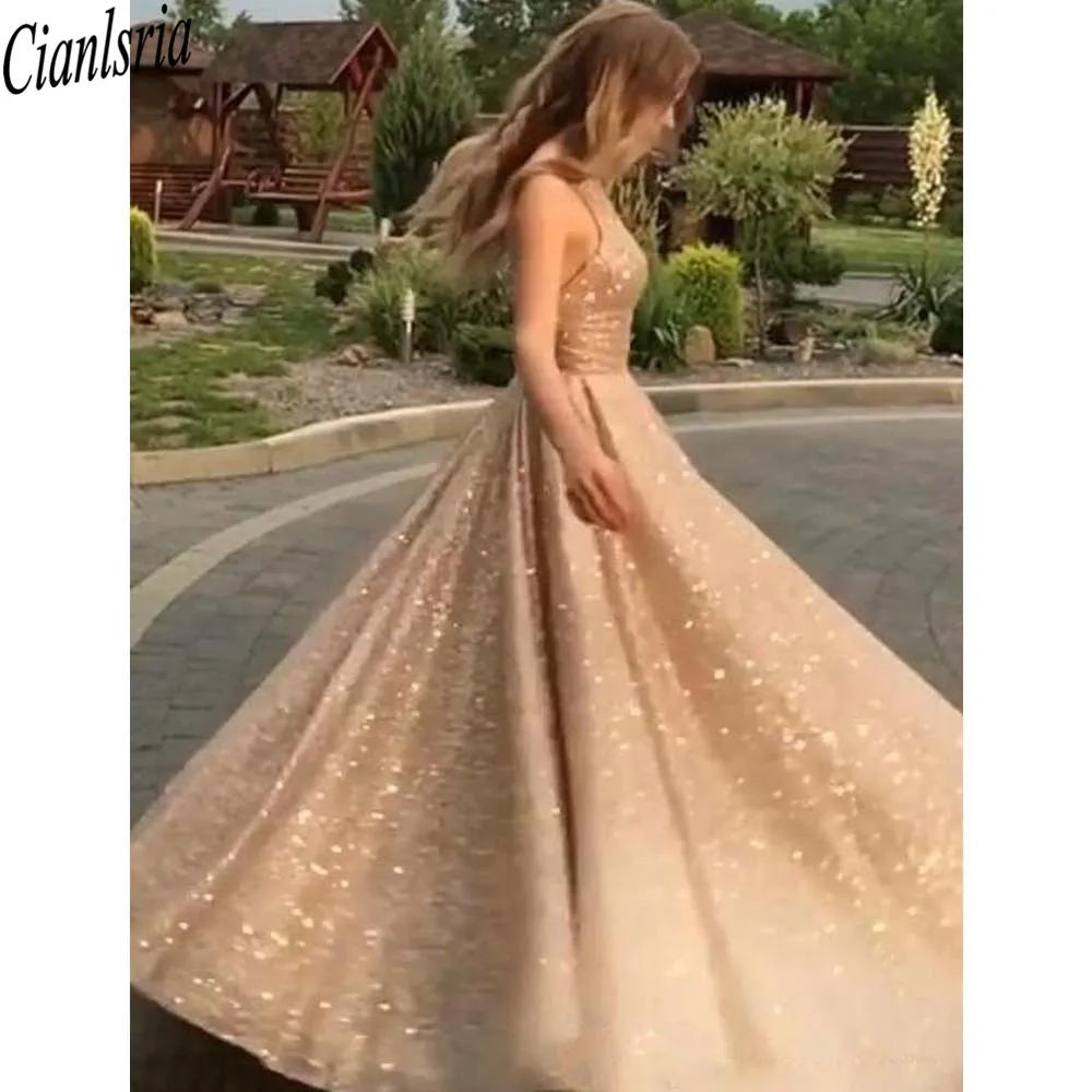 Una linea abito da sera con paillettes dorate Prom abito da ballo formale scintillante abiti lunghi Quinceanera su misura