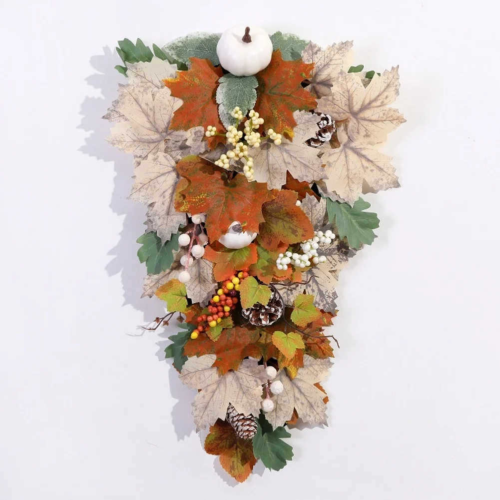 Autumn Maple Leaf White Pumpkin Pinecone Berry Wall Hanging 48x32cm Cloth Yellow Harvest Festival Door Decor Easy Install Home F