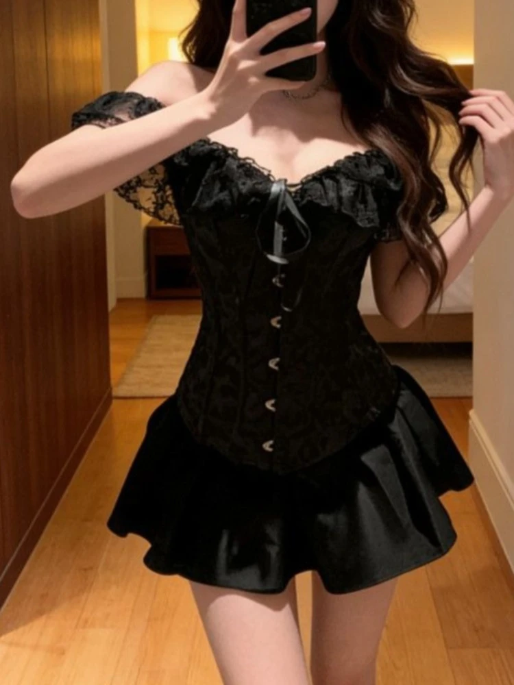 2000s Aesthetic Sexy Fashion 2 Piece Sets Women Y2k Lace Strapless Tops + Mini Skirts Harajuku High Street Casual Chic Outfits