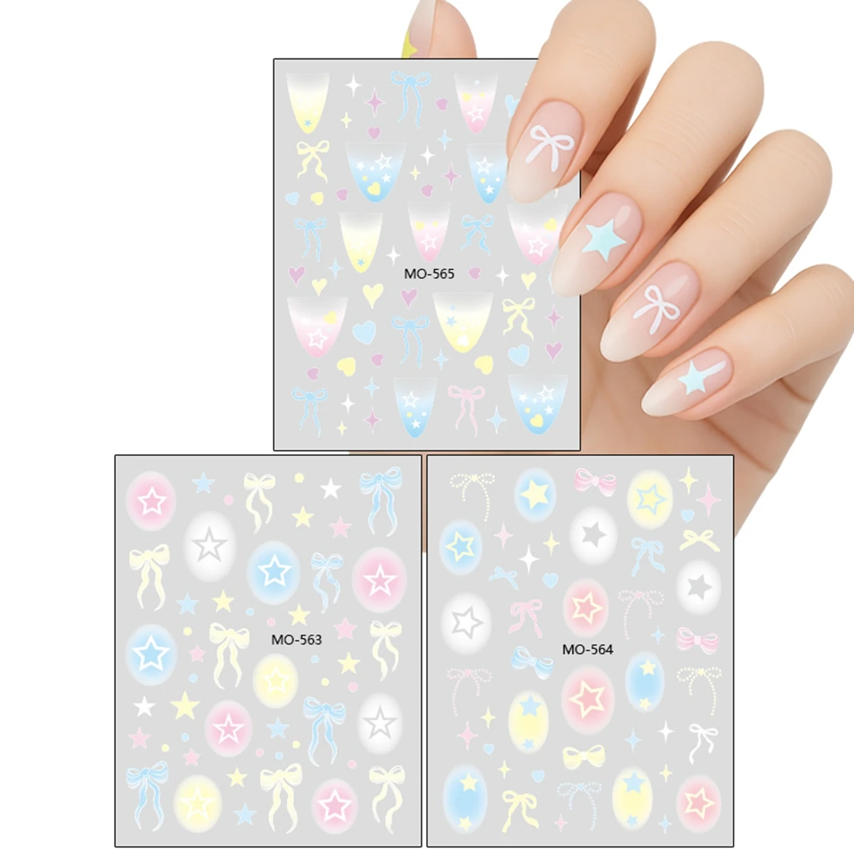 3/6 folhas de adesivos de unhas com laço de estrela fofo – decalques autoadesivos pastel sonhadores para decoração de manicure acrílica em gel DIY