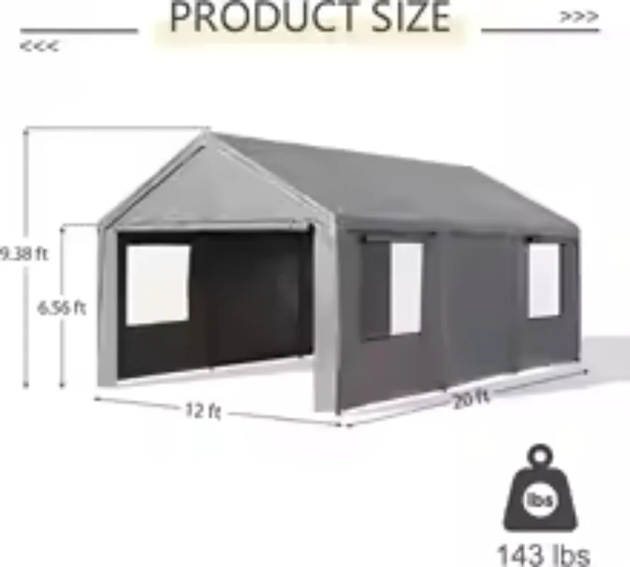 

Heavy Duty 12X20 Ft Gray Portable Garage Storage Shed Roll Door Carport Canopy for Automobile Motorcycle & Bike Shelter