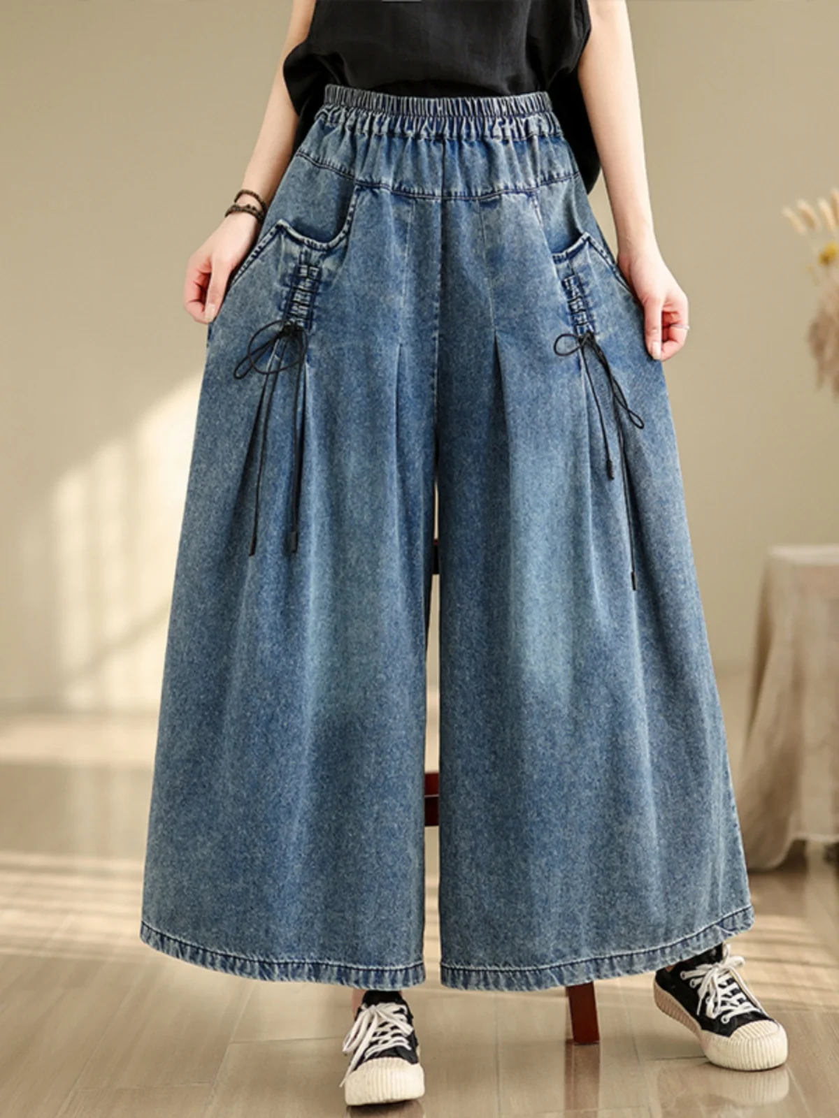 

Spring Summer plus Size Denim Wide Leg Pants Women Loose Slimming Casual Versatile Straight Cut Jeans High Waist Blue Nine-Piece