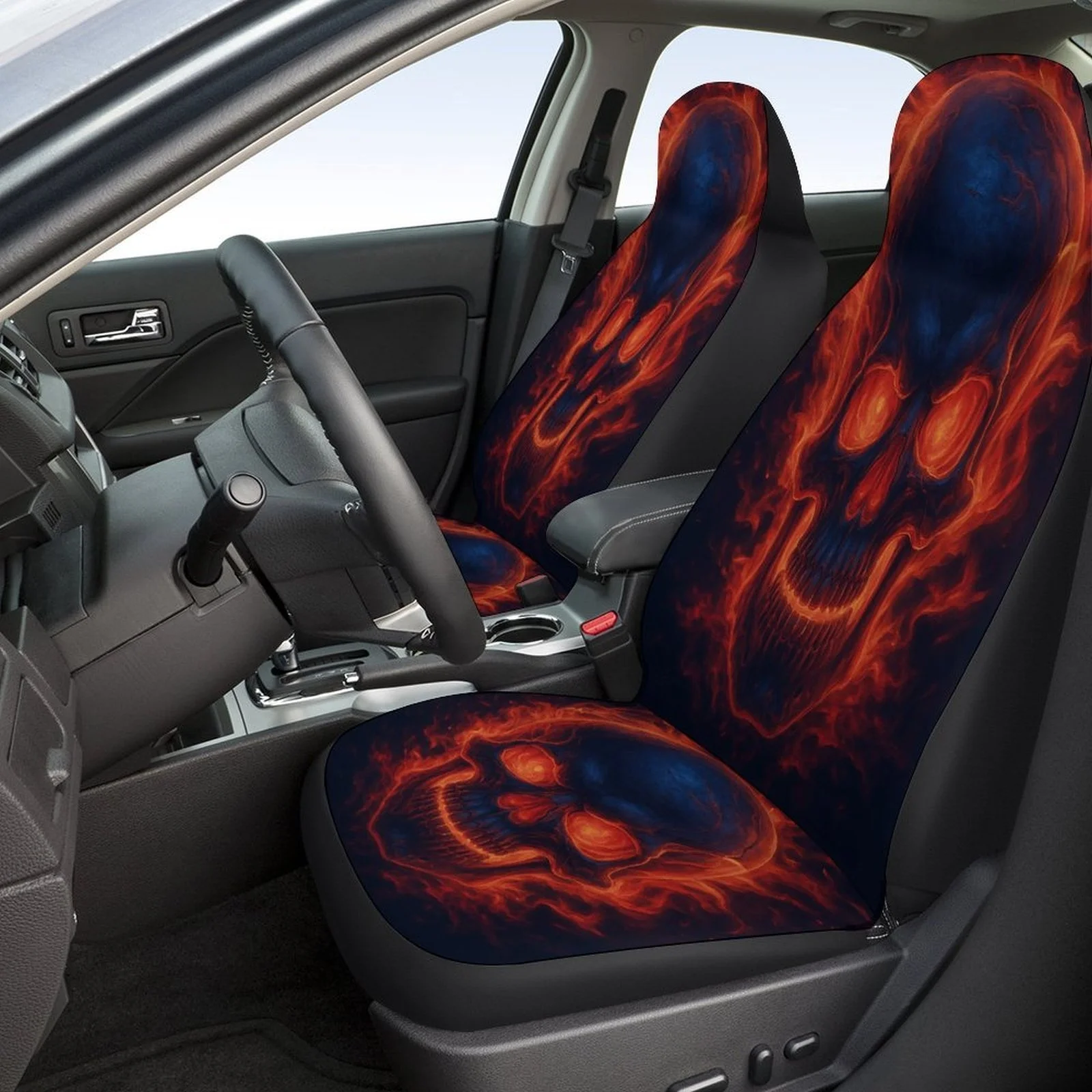 Fiery Skull Ablaze Themed Car Seat Cover Set For Most Cars, Fashionable Novelty Car Seat Protector Covers Full Set, Universal Ca