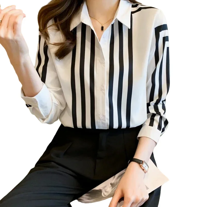 Chiffon Women\'s Shirts Summer Long Sleeve Soft Comfortable New Casual Korea Fashion Lapel Stripe Single-breasted Elegant Blouses