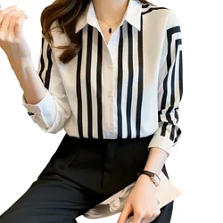 Chiffon Women's Shirts Summer Long Sleeve Soft Comfortable New Casual Korea Fashion Lapel Stripe Single-breasted Elegant Blouses