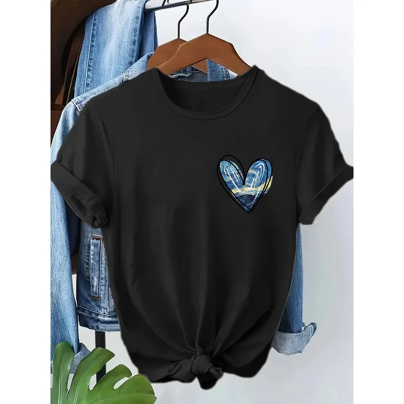 Retro Oil Painting 90s Streetwear Casual Y2k Retro T-shirt Heart-shaped Printed T-shirt Summer Women's Round Neck Top