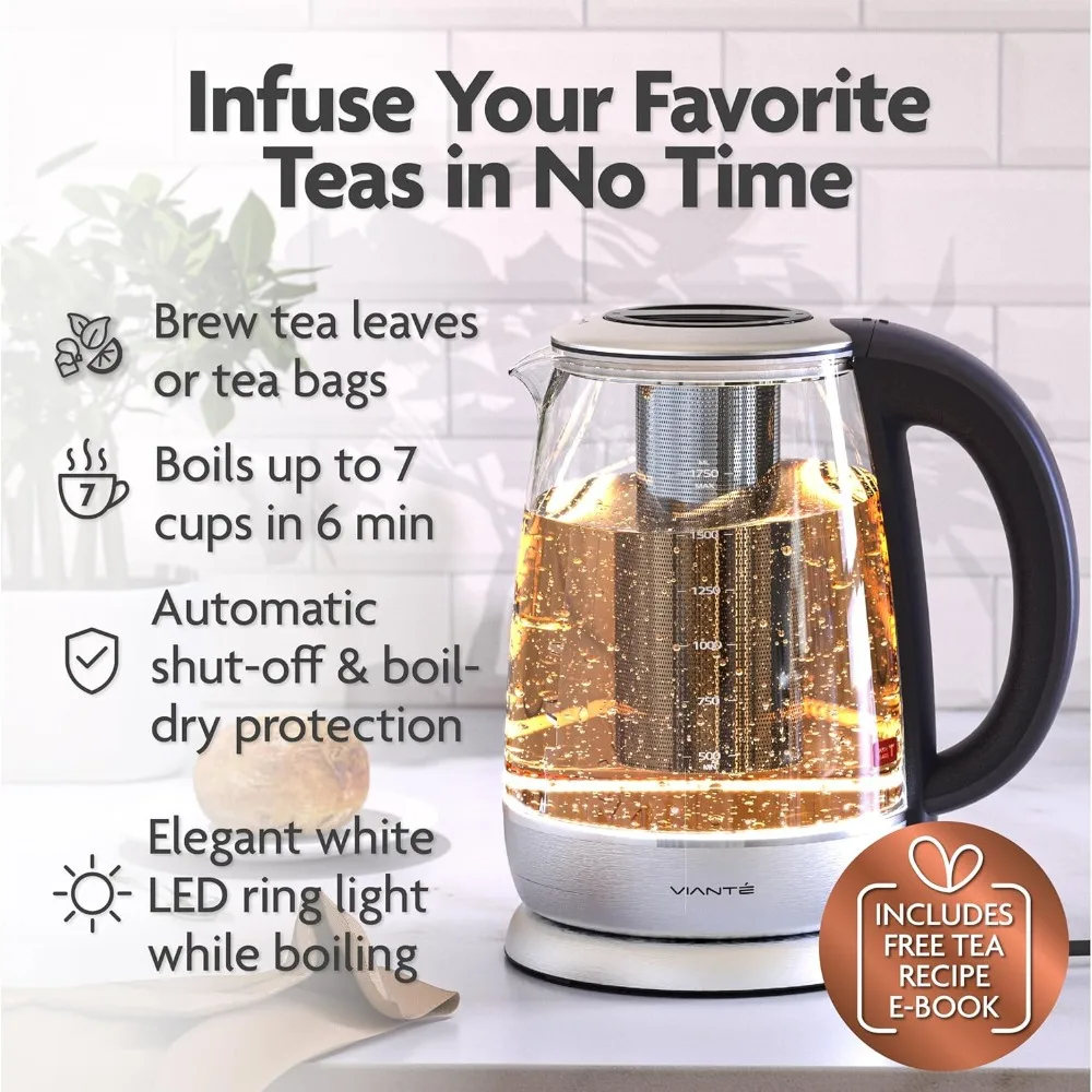 Electric Glass Tea Kettle with Removable Infuser. Hot tea infuser Pot for Loose Leaf & Bagged Tea. BPA-FREE. Stainless Steel