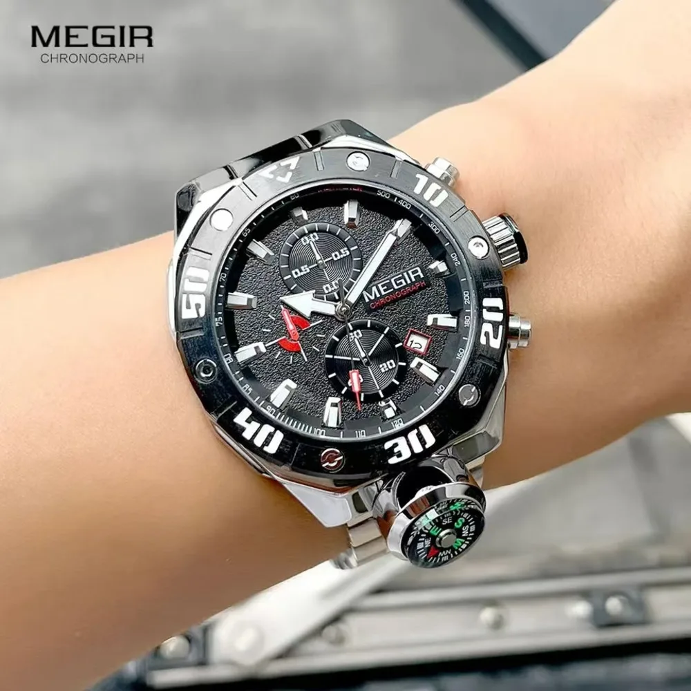 MEGIR-Reloj analógico de acero inoxidable para hombre, accesorio de pulsera de cuarzo resistente al agua con cronógrafo, complemento masculino deportivo luminoso con diseño de brújula y calendario