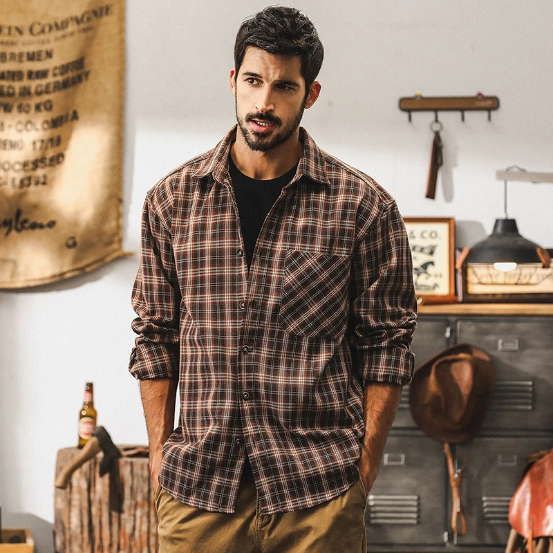 Spring and Autumn's new retro high-density checkered shirt for men, long-sleeved trendy brand loose heavy workwear shirt for men