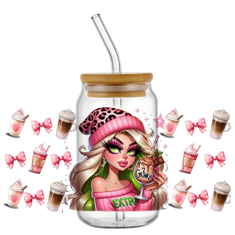 Winter Pink Girl 3D Washable UV DTF Transfer Sticker Waterproof Transfers Xmas Decals for 16oz Glass Cup Wrap Stickers