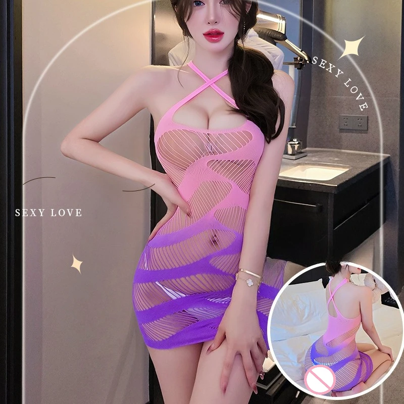 

Sexy Gradient Lingerie Set - Hollow-Out Bodycon Dress with Cross Halter Neck, Jacquard Mesh Bodysuit & Garter Straps