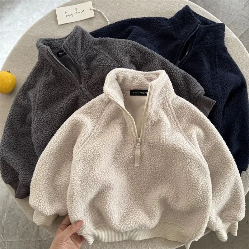 2026 Winter New Children Long Sleeve Lamb Fleece Sweatshirt For Boys Girls Casual Pullover Baby Plus Velvet Thick Tops