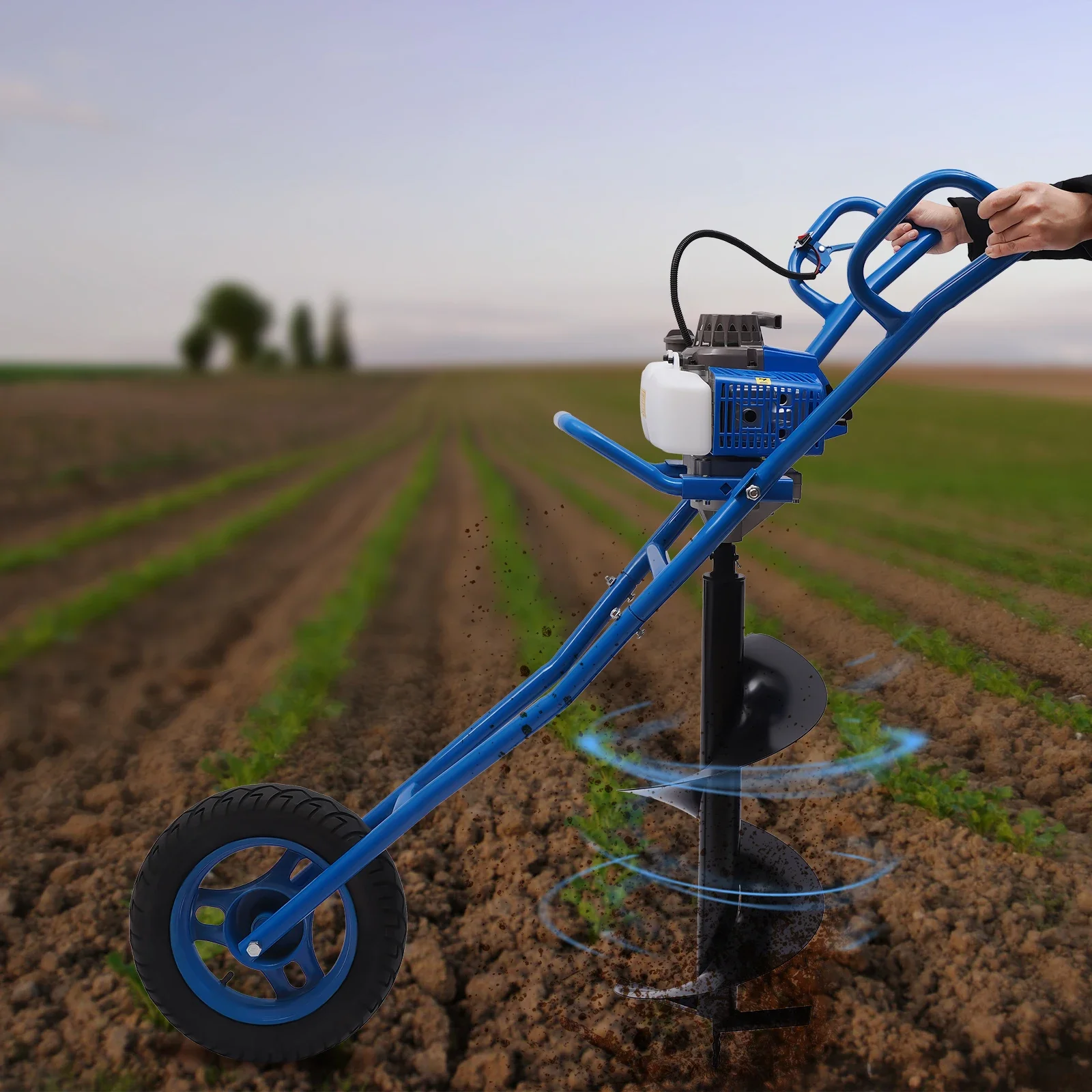 ل 2.2KW (3HP) مجموعة حفار الحفر الأرضي لثقب الأرض الأزرق مع 2 السكتة الدماغية عجلة عربة الحفر المنقولة