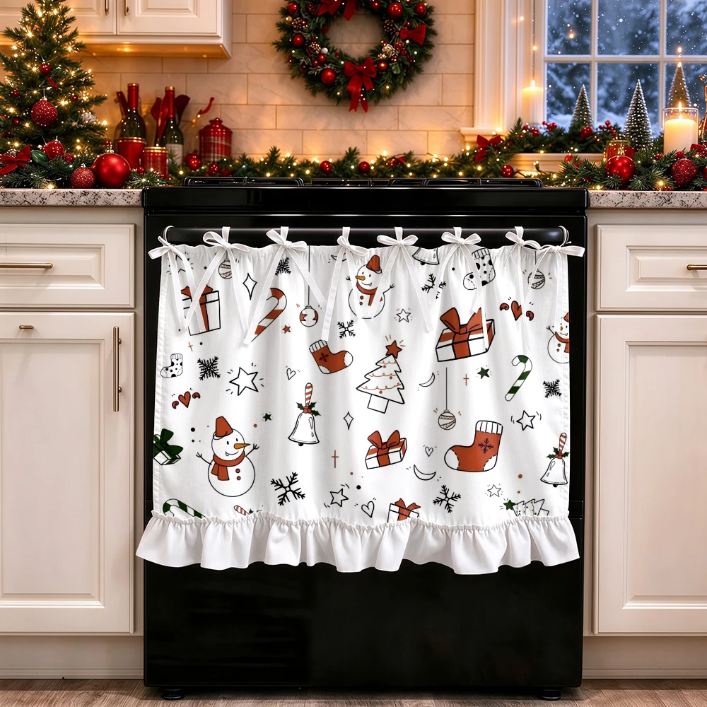 1PC Christmas Tie Up Kitchen Curtain, Doodle Line Art Snowman Gift Bell Stocking, Digital Print, Kitchen Dining Room, Home Decor