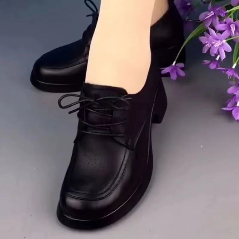 Zapatos de mujer de PU con tacón medio de 3-5 cm, con cordones, corte profundo, estilo Granny, con correa cruzada, punta redonda, tacón cuadrado, de goma, de caña baja
