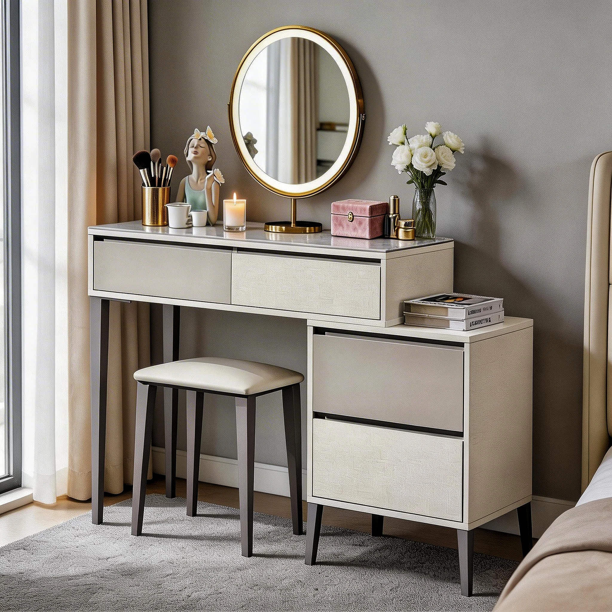 Premium Modern Luxury Bedroom Makeup Vanity Table Set Wood Top Eco-Friendly 4 Drawers Storage Matching Stool Gold Framed Mirror