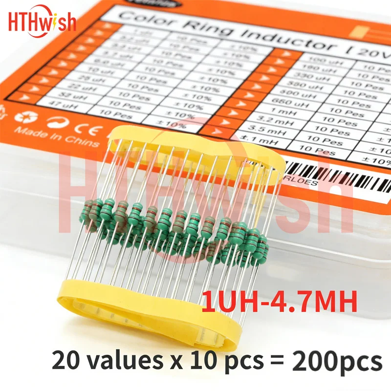 200PCS 0.5W Inductor Assortment Kit 1UH-4.7MH 20Values 1/2W DIP Color Ring Inductance Assorted Kit for DIY Electronic Projects