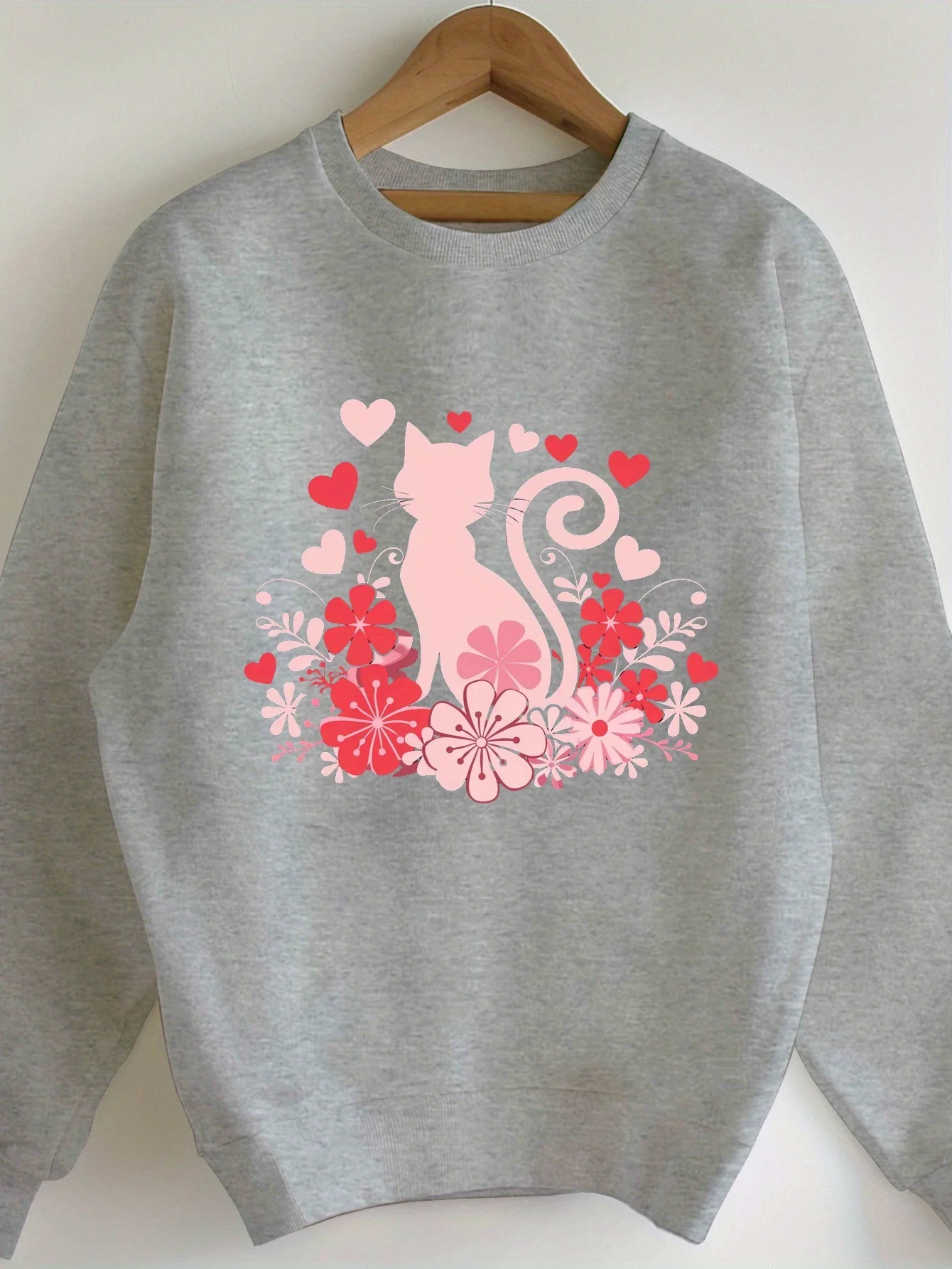 Women's Plus Size Black Sweatshirt with Valentine's Day Cat and Flowers Design - Cozy Polyester, Round Neck, Machine Washable