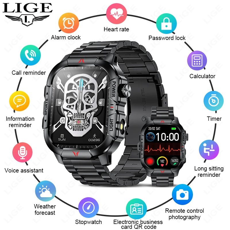 LIGE Smart Watch LED Flashlight Men Waterproof Watches 2.01-inch HD Screen Health Bracelet Military Outdoor Sport Smartwatch Man