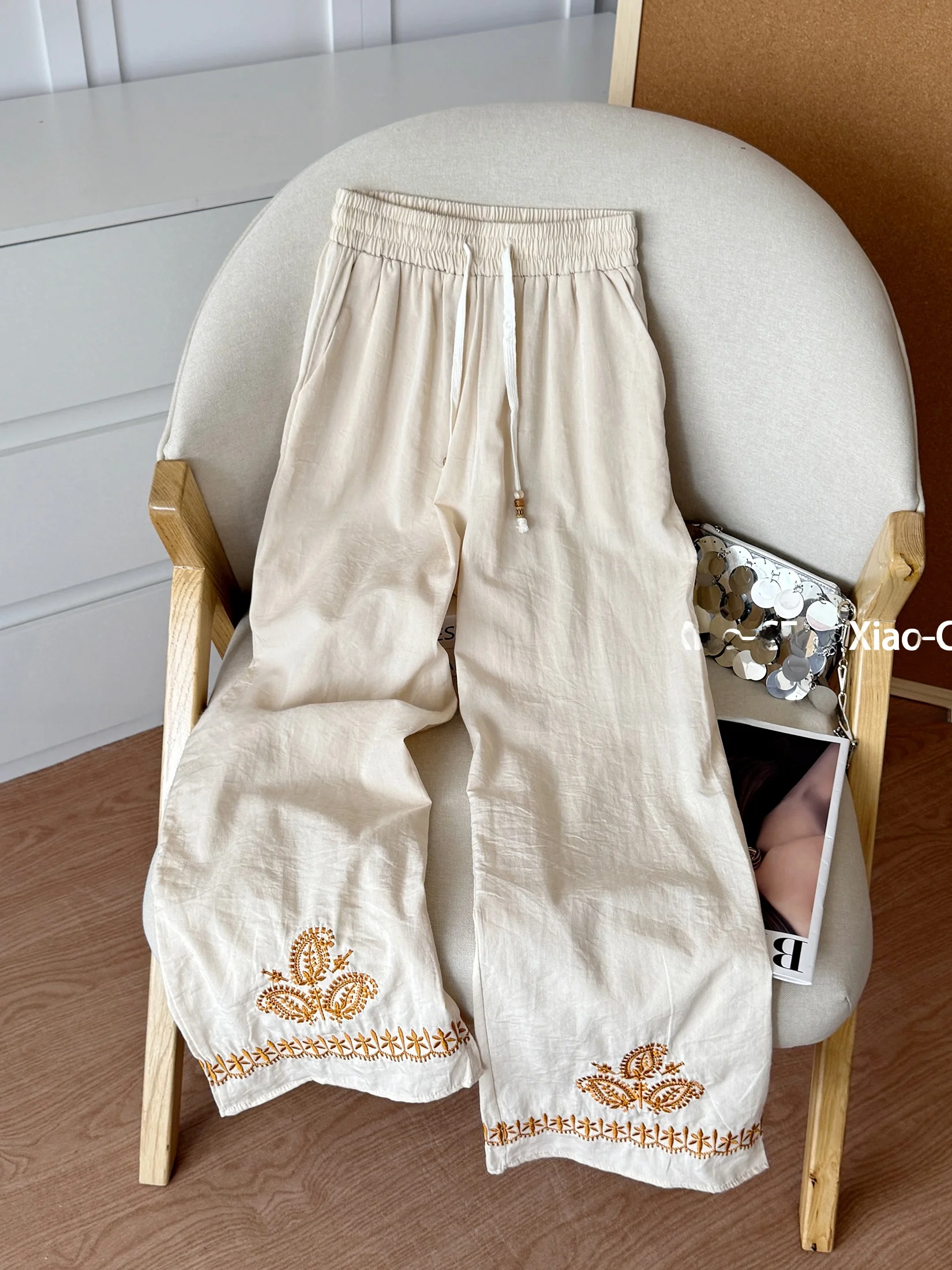 Women's Cotton Linen Wide Leg Pants Elastic Waist Embroidered Casual Straight Cut Long Trousers Summer 2025 New Design Slimming