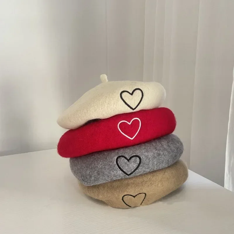 Fashion Kids Hat Baby Accessories Baby Girls Cute Embroidered Heart Wool Beret Toddler Kawaii Beanie Children Hat for Girls 3-8y