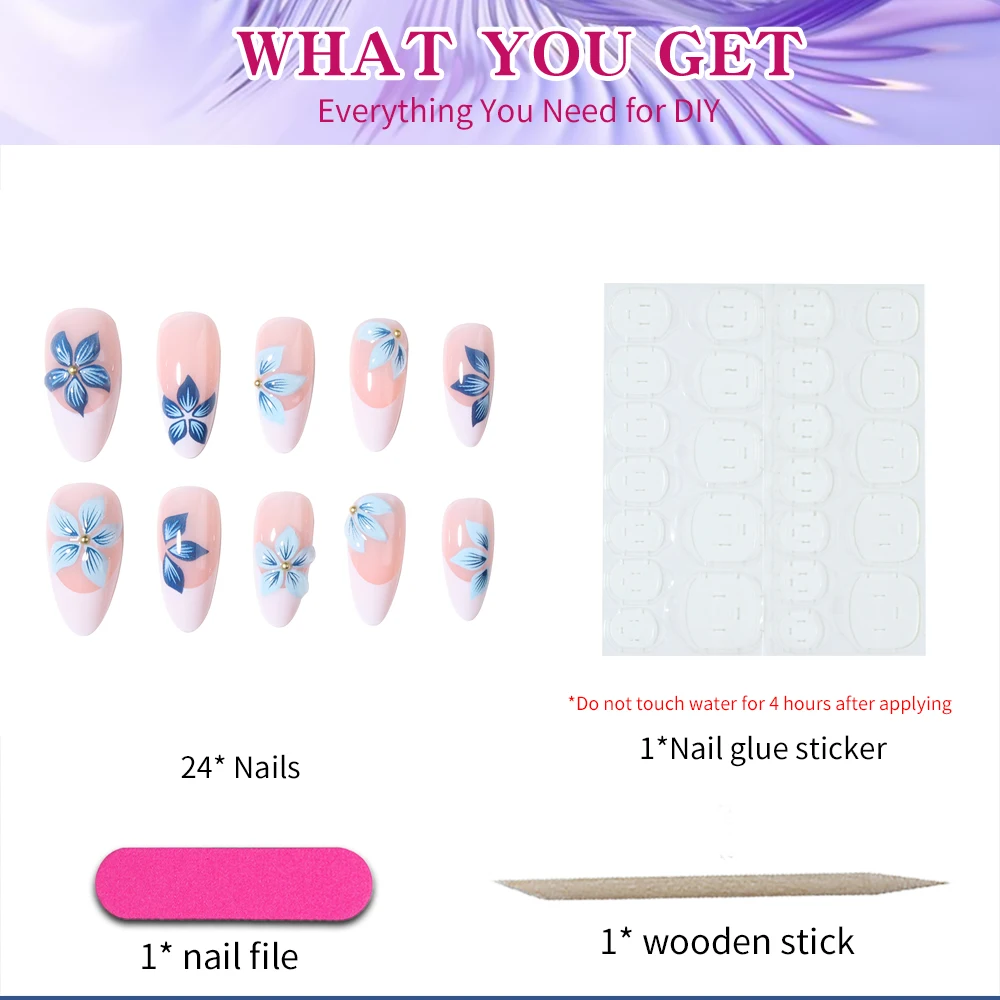 24 peças de amêndoa 3d gel flor branca ponta francesa imprensa em unhas, cabe perfeitamente conjunto de unhas falsas acrílicas, contém 1 peça de cola gelatinosa e 1p