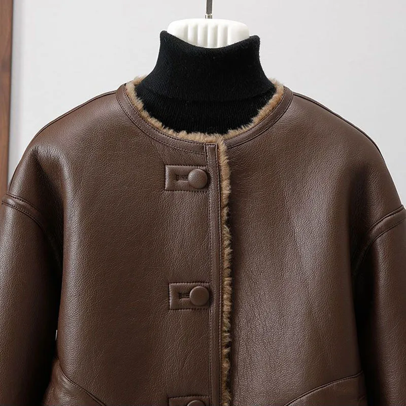 البني س الرقبة الخريف الشتاء سترة المرأة الفراء الربط بولي معطف معطف جلد كم طويل واحدة الصدر ملابس خارجية دافئة #4