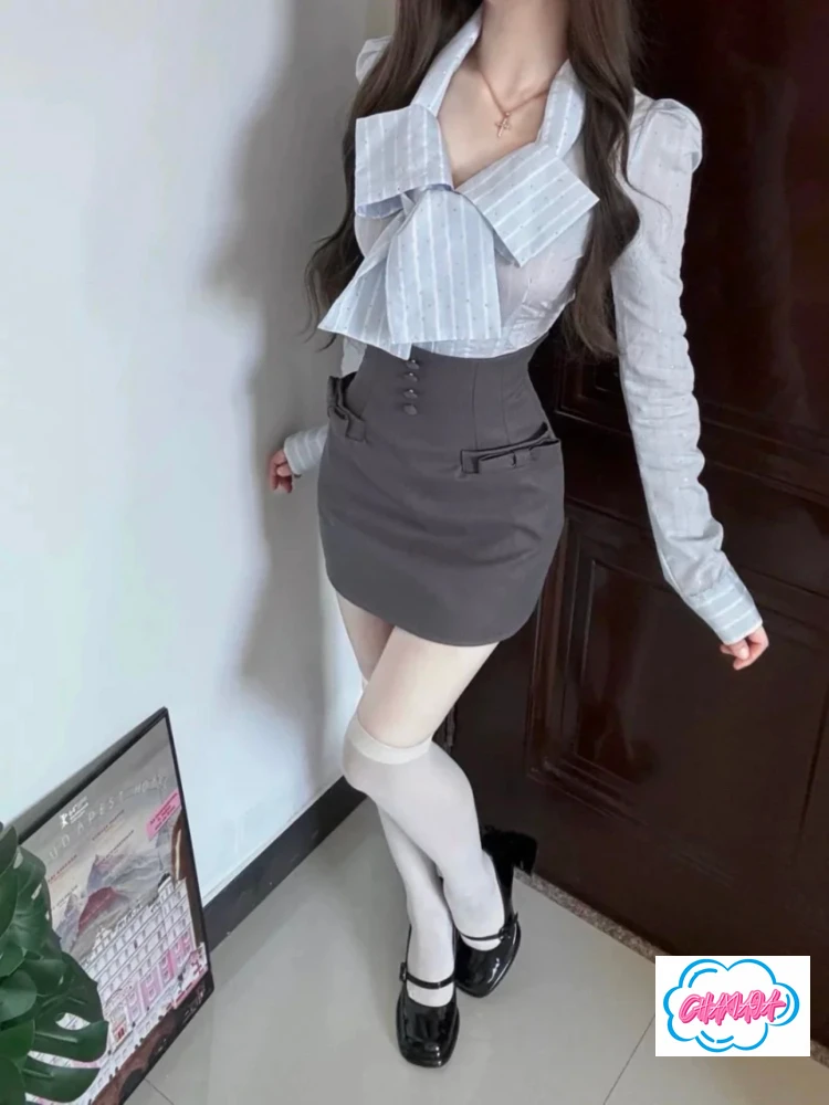 Costume de Style collégial du département coréen, jupe courte brodée de haute qualité avec gros nœud, chemise Lolita douce et mignonne à manches longues pour femmes