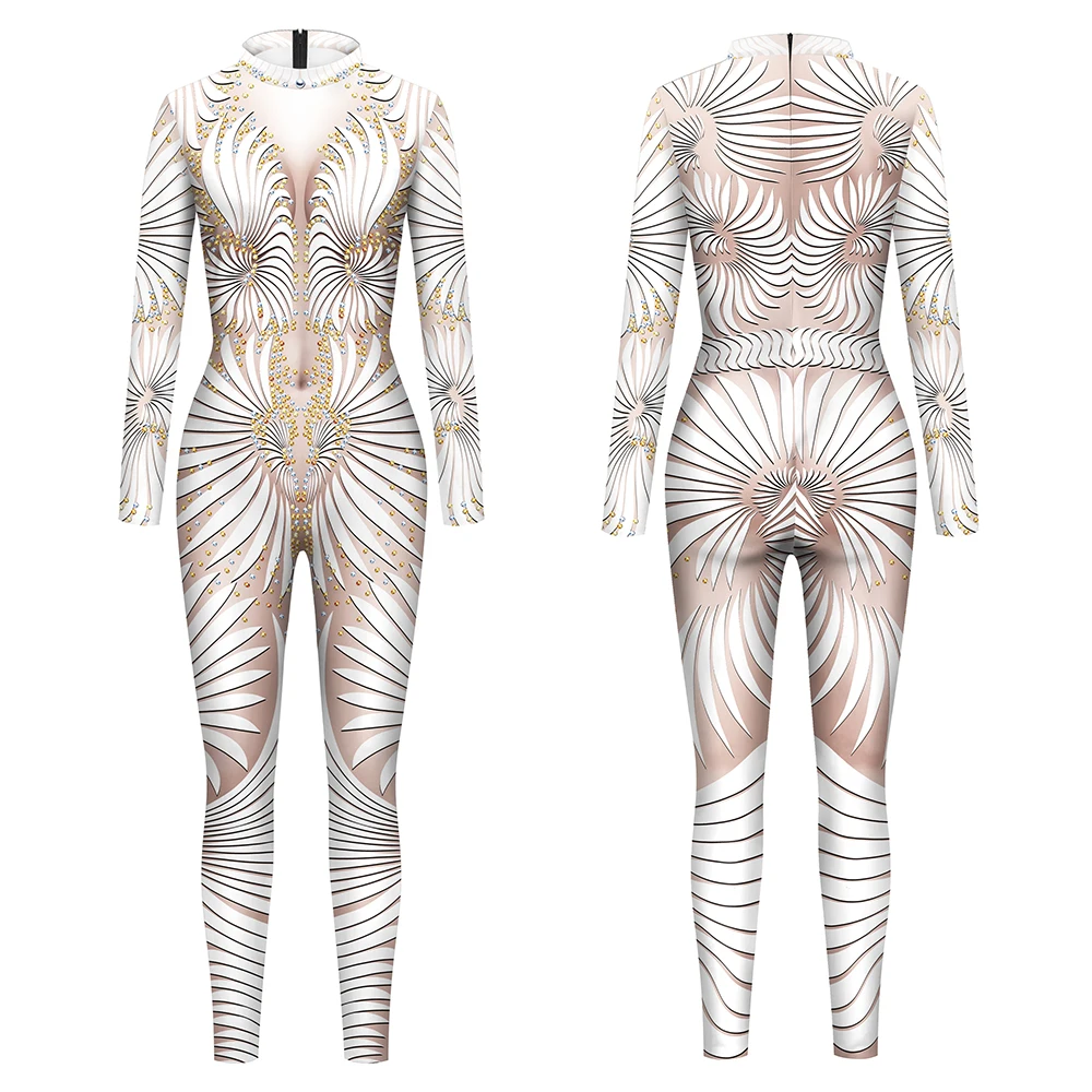 Tute di moda con stampa di paillettes donna tuta Zentai Sexy vestiti per feste di festa Bodysuist elastico per il Fitness per il vestito da Festival sportivo