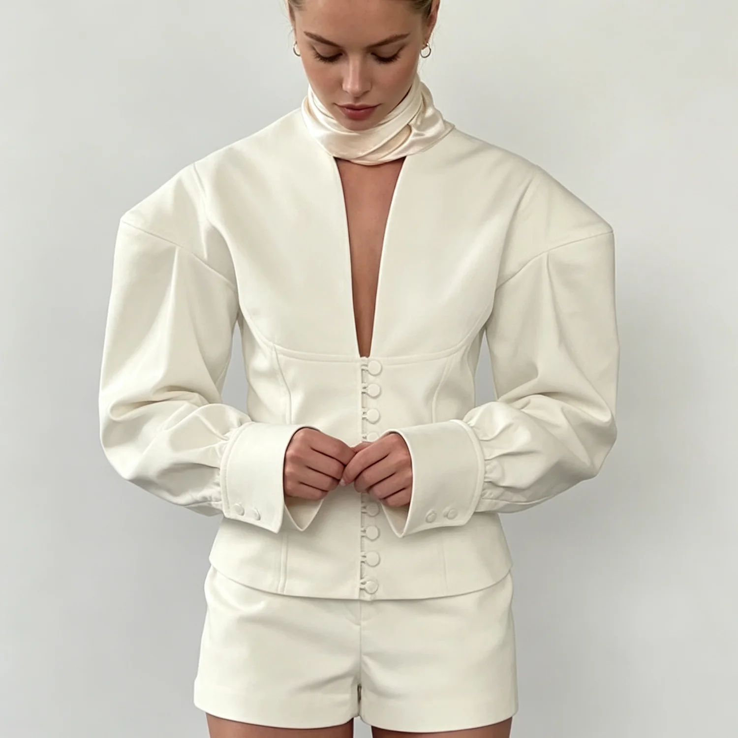 PUAL  2026 Luxury White  Two Piece Outfit Deep V Puff Sleeve Slim Blazer High Waist Shorts Women Chic Club Matching Suit