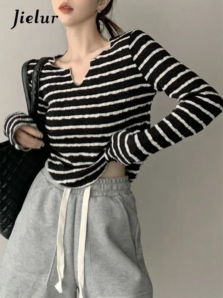 Jielur V-Neck Khaki Black Stripe T-Shirt Women Autumn Korean New Fashion Slim Short Long Sleeve Spell Color Crop Top Female S-XL