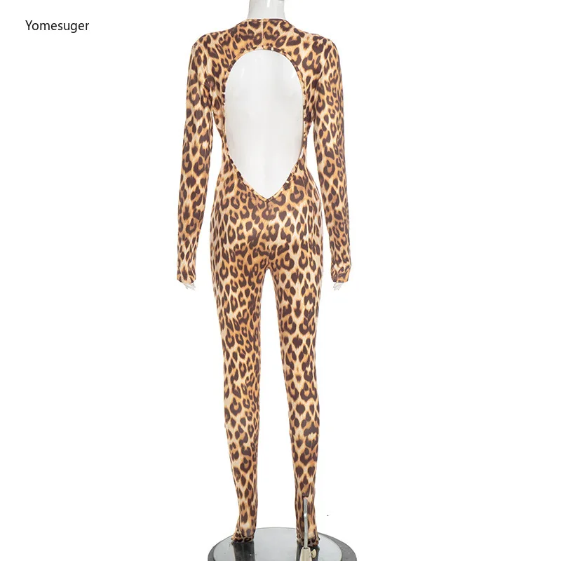 Yomesugar الخريف مثير ليوبارد طباعة حللا امرأة العميق الخامس الرقبة الانقسام عارية الذراعين كم كامل Bodycon السروال القصير منتصف الليل كلوبوير #5