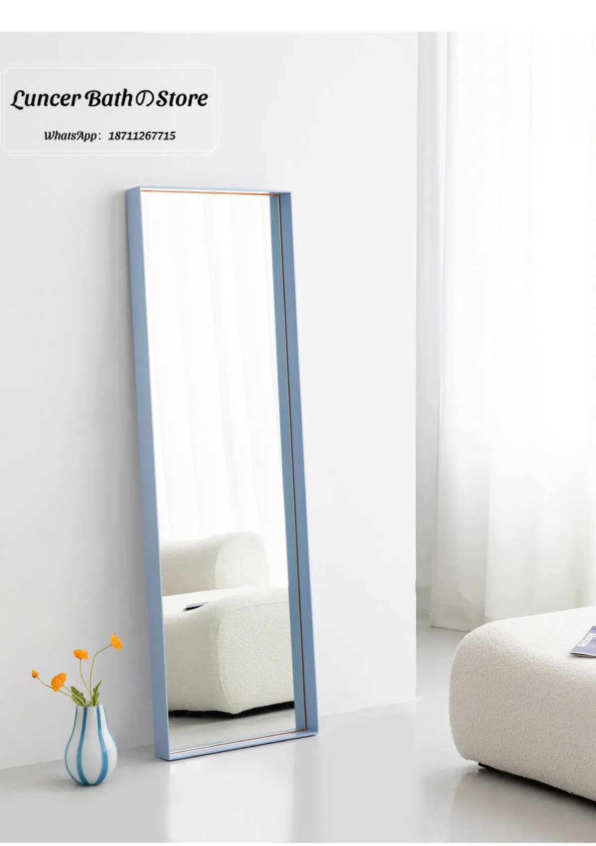 Island Design Ultra HD Full Length Mirror, Floor Standing Dressing Mirror for Home, Clothing Store, Blue Ins Style