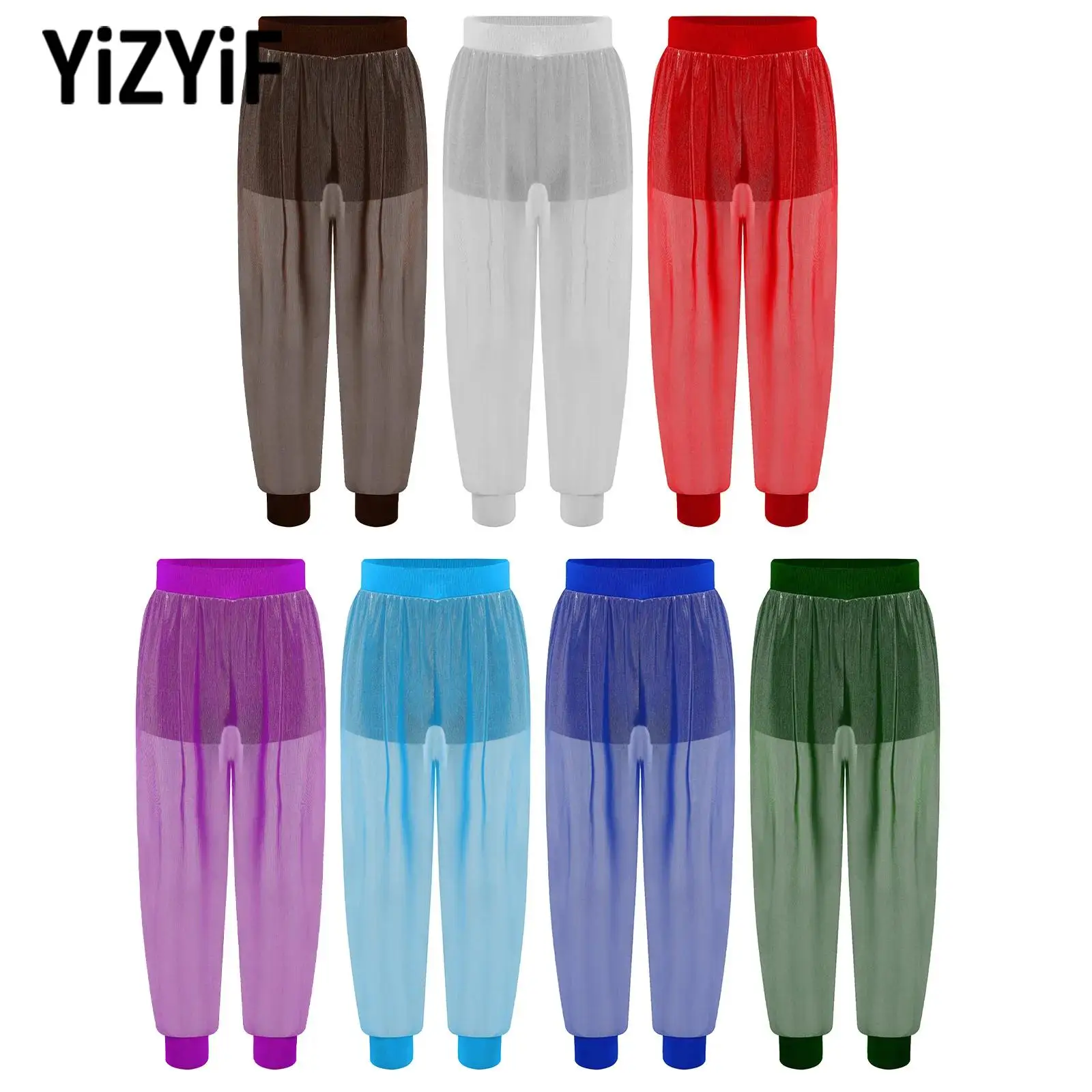 

Teen Girls Jazz Hip Hop Modern Dance Stretchy Pants Performance Clothing See-Through Metallic Mesh Pants with Built-in Shorts