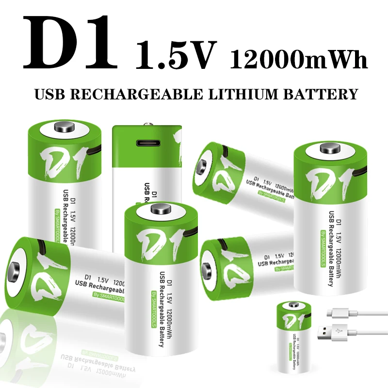 

1,5 В LR20, 12000 МВтч, литиевая аккумуляторная батарея размера D с зарядным кабелем Type-C, для фонариков, газовых плит и водонагревателей
