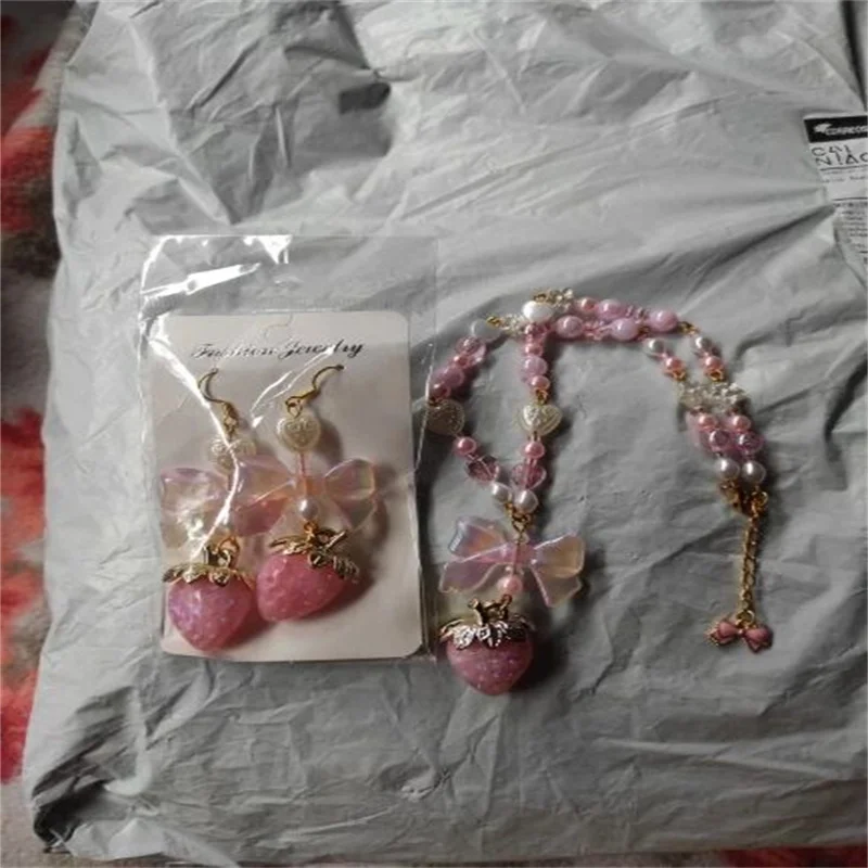 Coquette cottagecore strawberry bow necklace pearl fairycore heart pink white