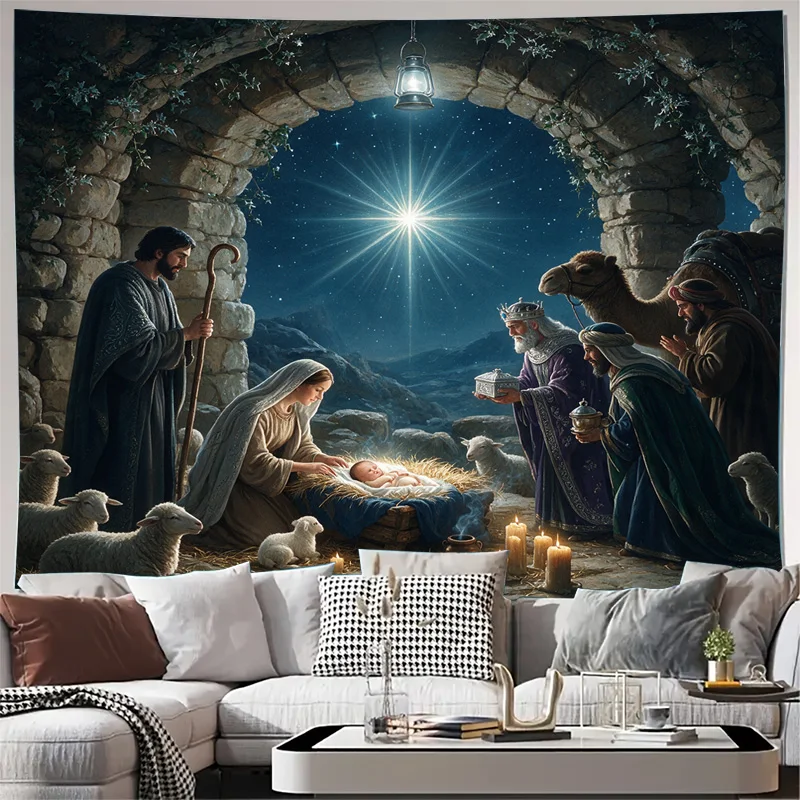 Semi-Sheer Translucent Nativity Window Curtain Christmas Religious Art Drapery Panel Biblical Scene Home Decor Seasonal Holiday