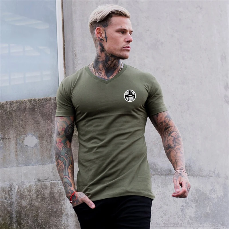 Cotton Shirts Summer Men's Fitness Bodybuilding Hip Hop Cool Feeling Breathable Shorts Sleeve Fashion V-Neck Casual Gym Workout