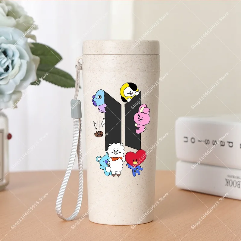 350ml BT21 Portable Water Bottle COOKY TATA RJ Cute Anime Leak-proof Plastic Drinking Cup Milk Coffee Juice Cup Drinkware Gift view 4