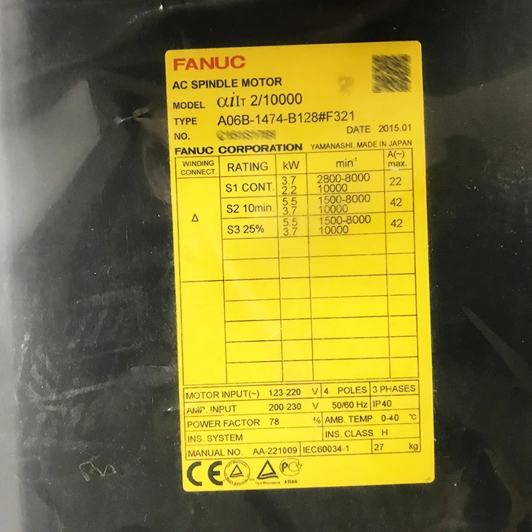 Fanuc AC SPINDLE Motor αiIT 2/10000 A06B-1474-B128#F321 For CNC System Machine