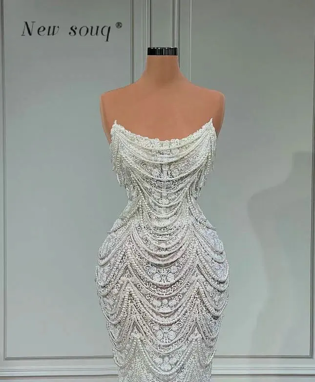 Perles ivoire perles gland sirène dentelle robes de soirée élégant bretelles longues robes de fête de fiançailles de mariage personnalisé