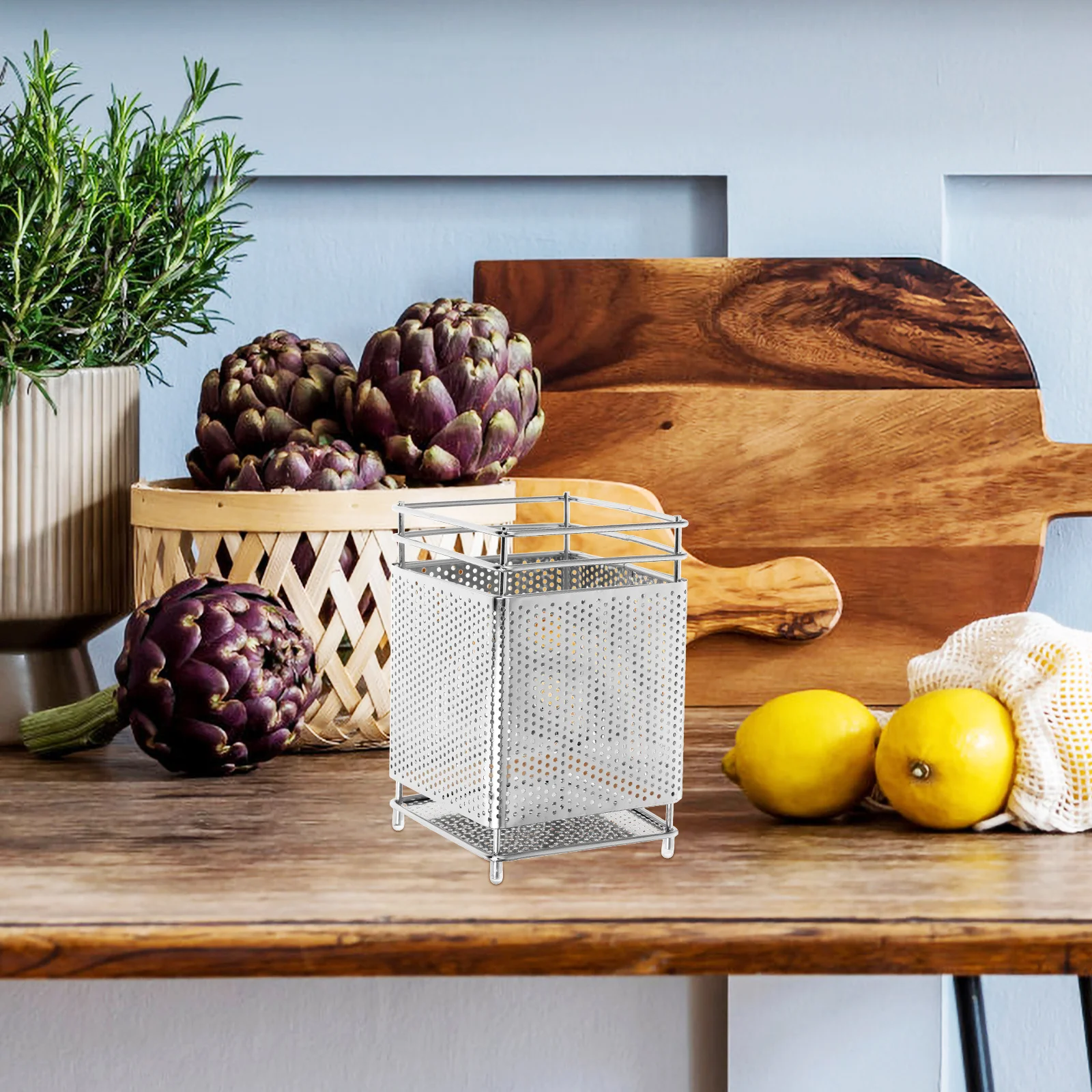 

Stainless Steel Kitchen Utensil Holder Chopsticks Draining Organizer Flat Bottom Stable Standing Modern Elegant Countertop