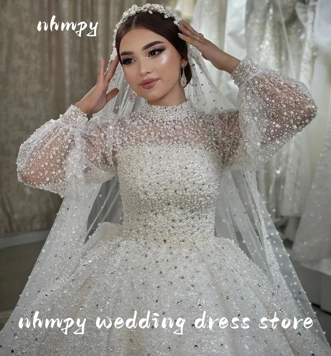 

Gorgeous Crystal Wedding Dresses Pearls Bridal Ball Gowns High Neck Sequins Bridal Gown Rhinestone Custom Made Vestido de novia