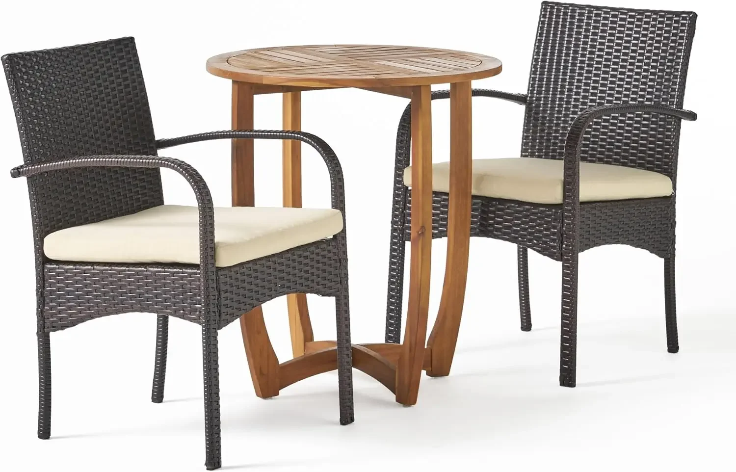 Lindy Outdoor 3 Piece Acacia Wood and Wicker Bistro Set with Cushions, 22.1 