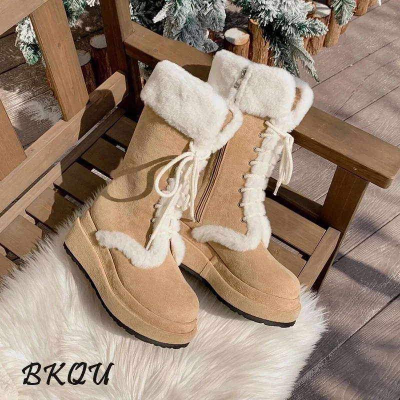 BKQU Maillard Lamb wool side zipper Snow Boots Women's Fall 2024 small thick sole with fleece fur in one mid-calf boots