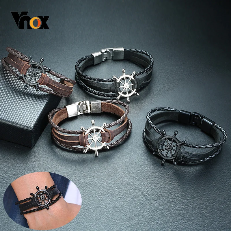 Vnox Mens Vintage Rudder Charm Bracelets Multi-layer Leather Rope Chain Wrist Bangles Jewelry