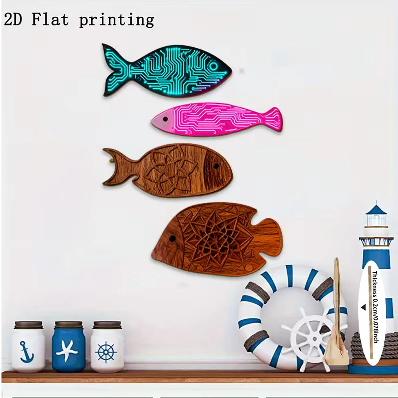 Wooden Fish Wall Decor 2D Flat Print Marine Style Wall Art for Home Bedroom Living Room Decoration